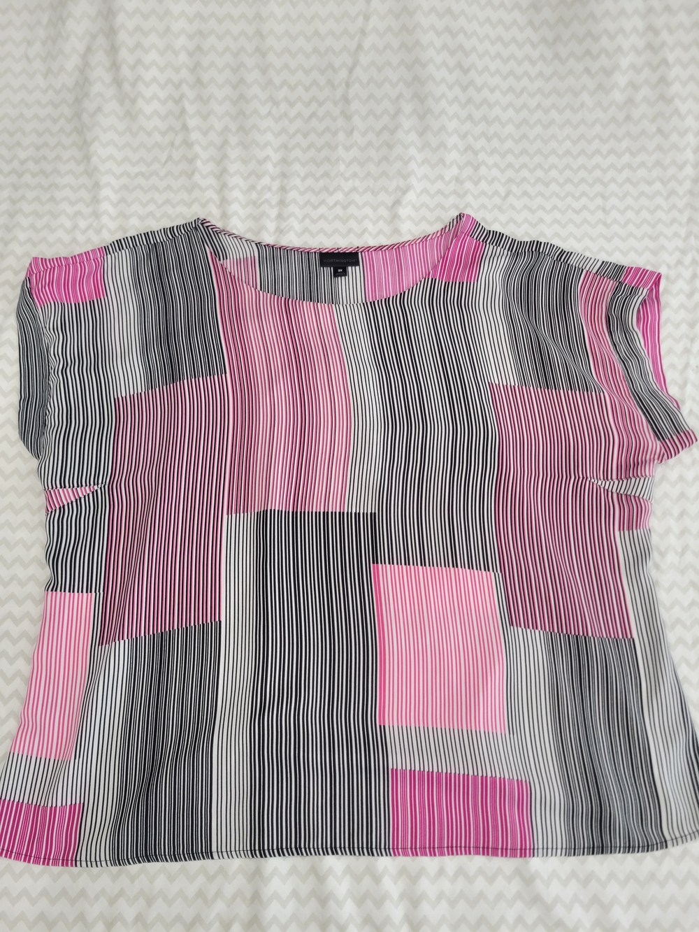 Worthington Pink Black White Geometric Colorblock Striped Short Sleeve Blouse 3X